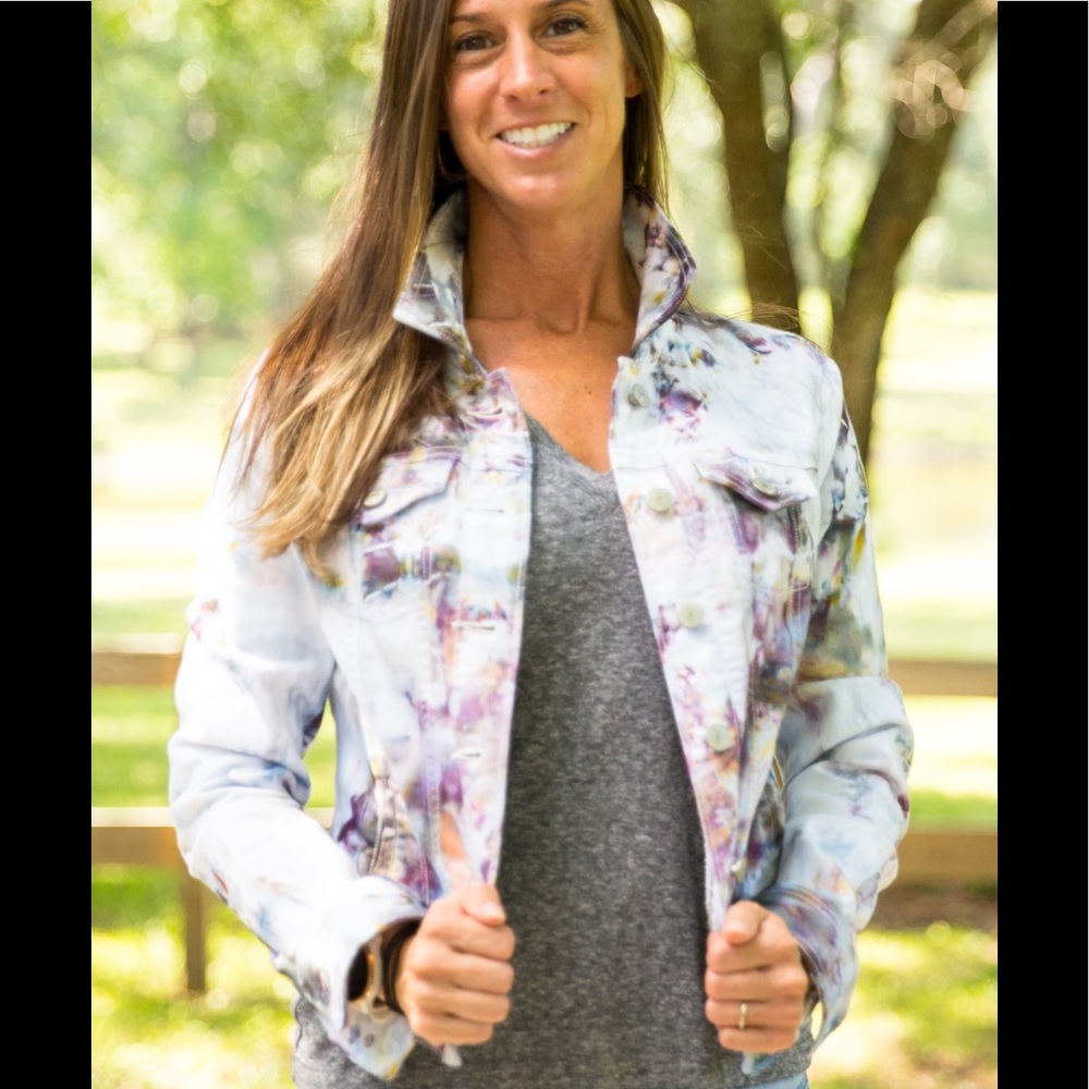 Tie dyed denim jacket.  The remarkable colors are graphite, steel, copper.